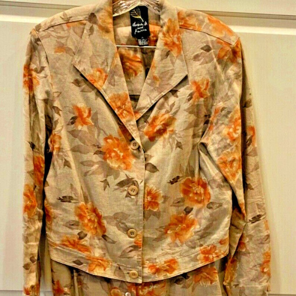 Dana B & Karen 100% Linen Size 12 Beige Flowered Suit NWOT Stunning